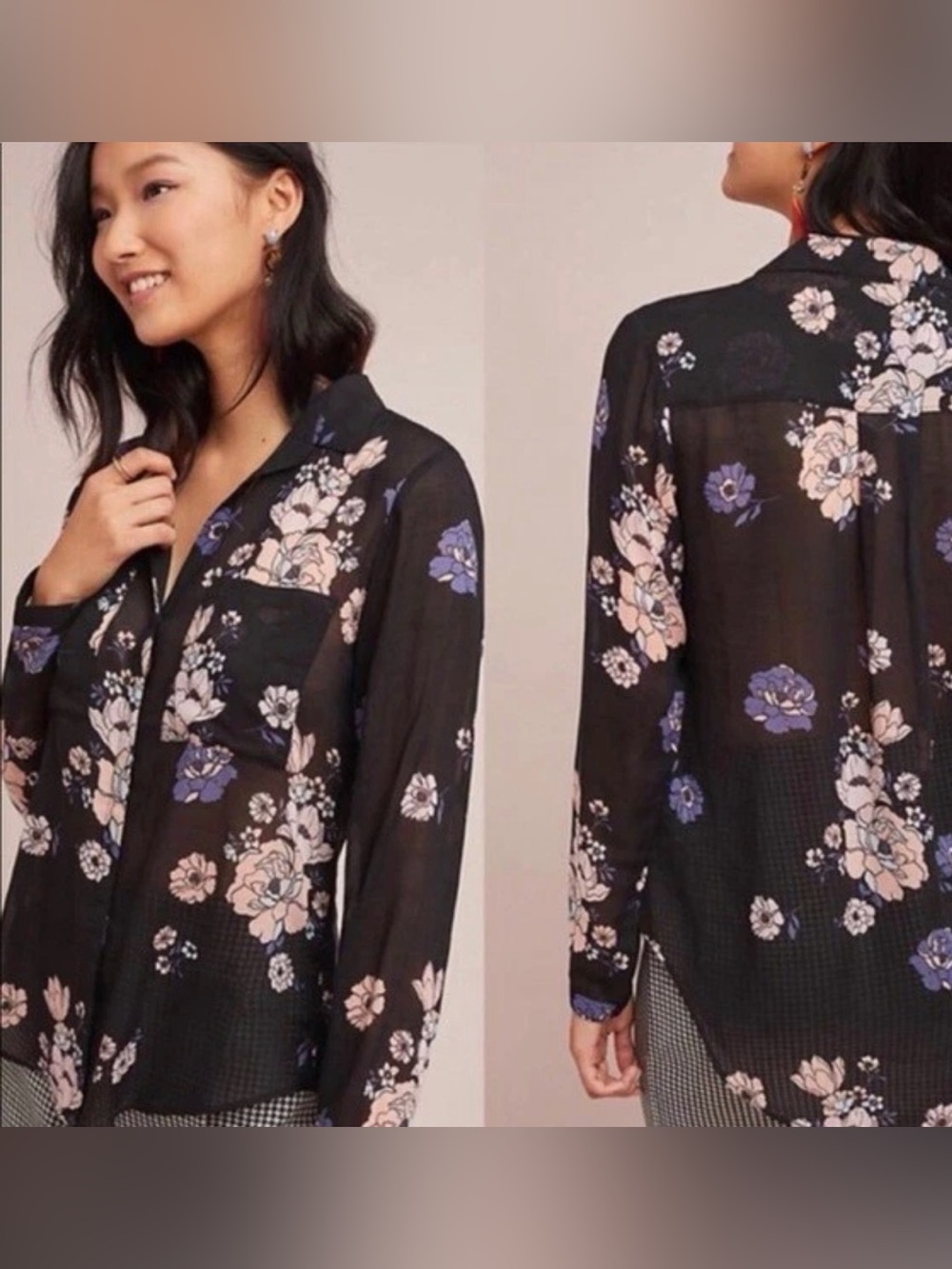 cloth & stone Tavira Black Sheer Button-Down Blouse with Floral Print